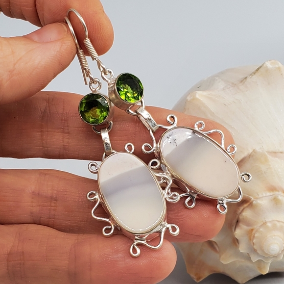 Natural Dolomite Peridot Stone Silver 925 Earrings - Picture 4 of 4